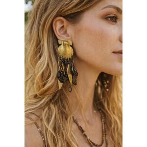 VTG Gerda Lynggaard Monies Brass Clip On Earrings Tribal Boho Dangle Statement